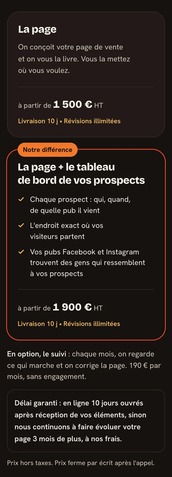 Les deux formules de l'offre Pages de vente d'Atizia sur téléphone : la page à partir de 1 500 € HT, la page et le tableau de bord des prospects à partir de 1 900 € HT, le suivi en option à 190 € par mois, et le délai garanti.