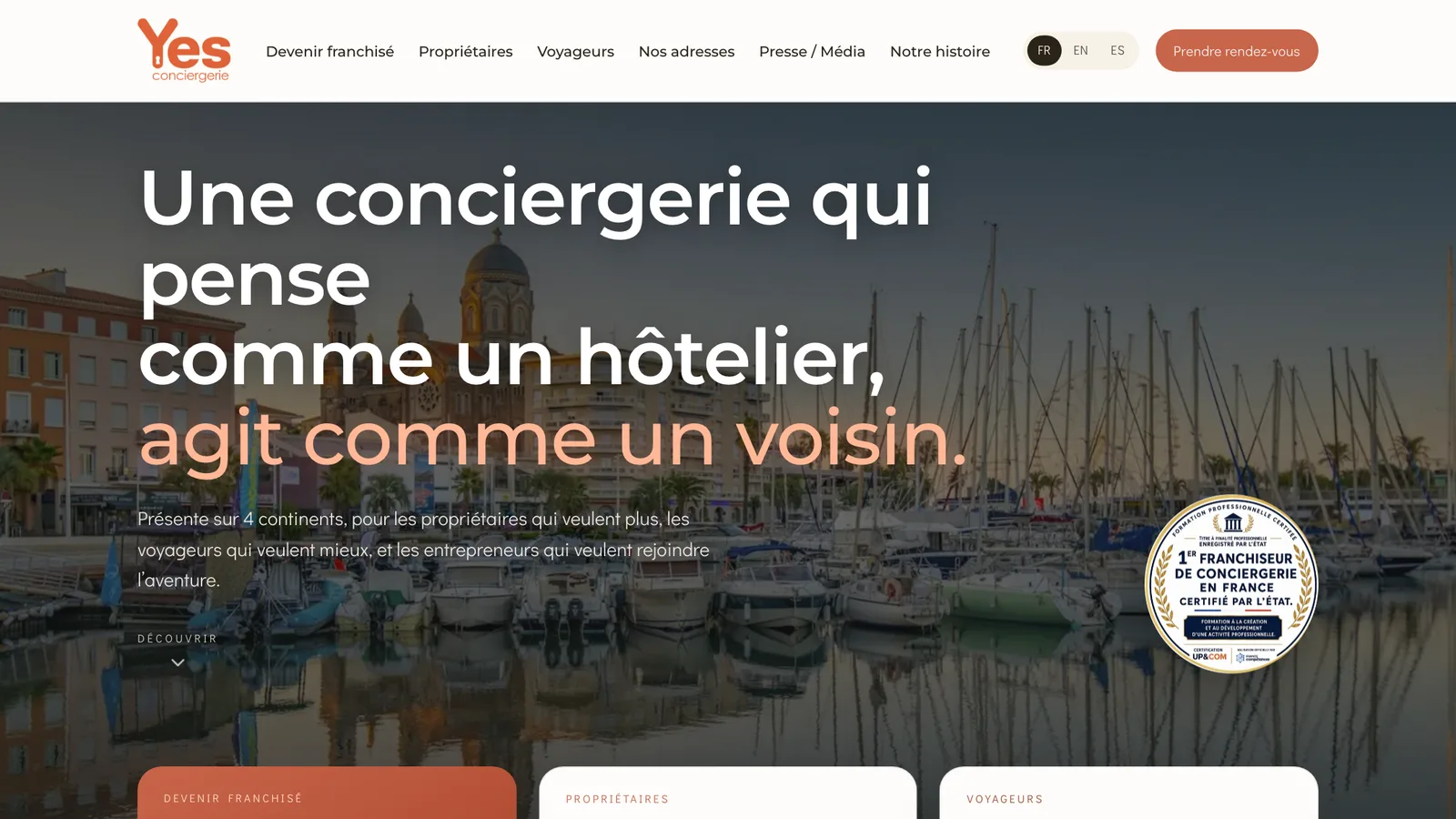 Le site du réseau Yes Conciergerie, yesconciergerie.com, en version ordinateur